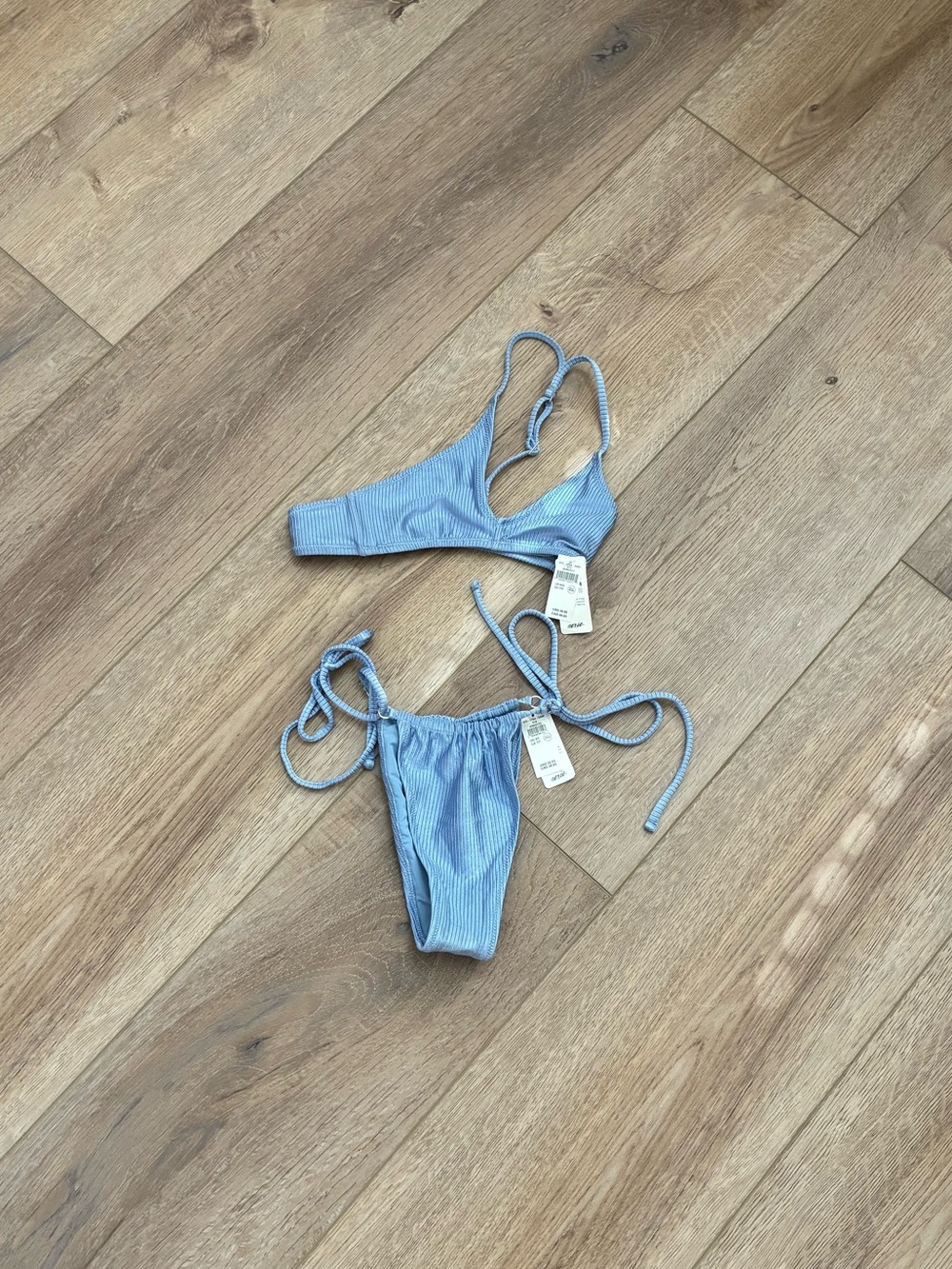 aerie Light Blue Ribbed One shoulder & Tie-Side Bikini Set